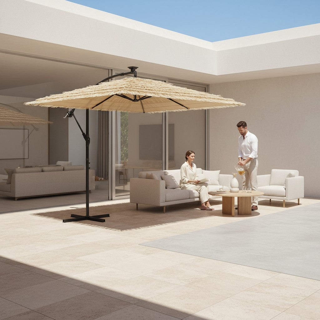 Parasol déporté style paille hawaïen avec LED | Paillote