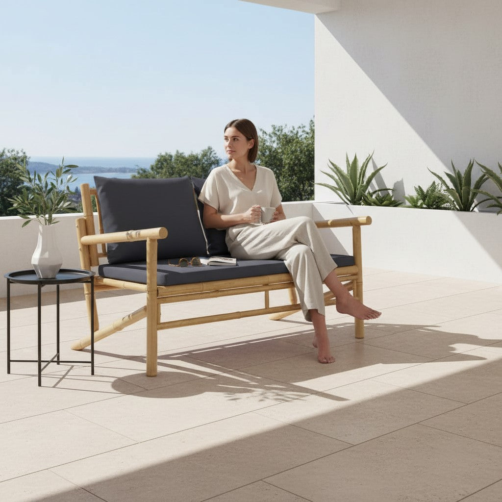 Banc de jardin en bois de bambou naturel avec coussins | Brindisi